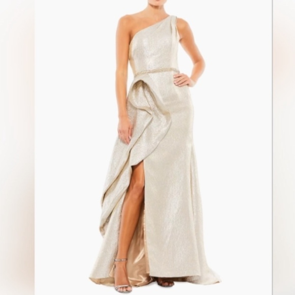 Gold One-Shoulder Slit Gown